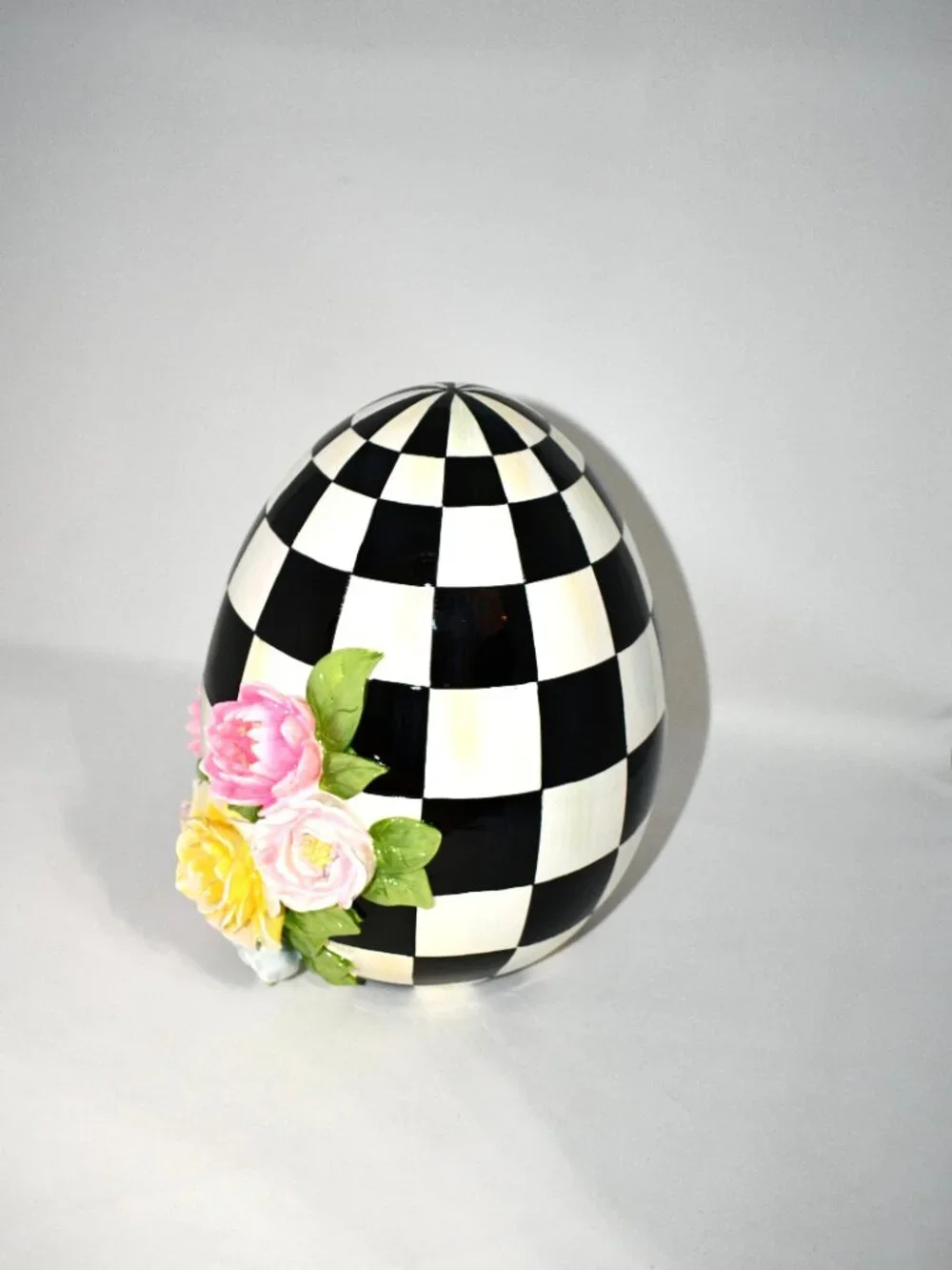 MacKenzie-Childs Easter Frolic Spring Floral Check Tabletop Egg Black #35514-242